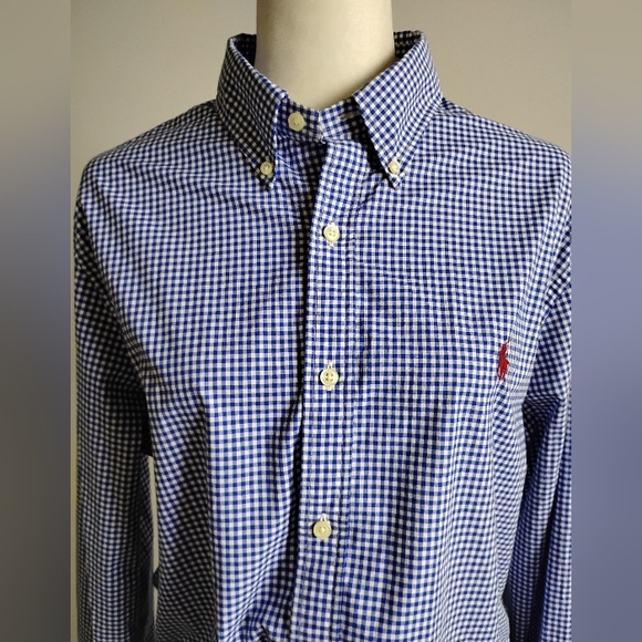 Ralph Lauren Cotton Poplin Gingham Check Button Down Shirt Slim Fit Blue Size Lg - Picture 1 of 14